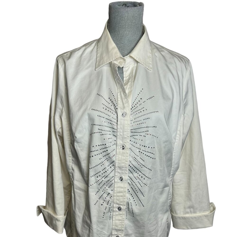 Christine Alexander Rhinestone Button Up Women's Blouse White - Size Large